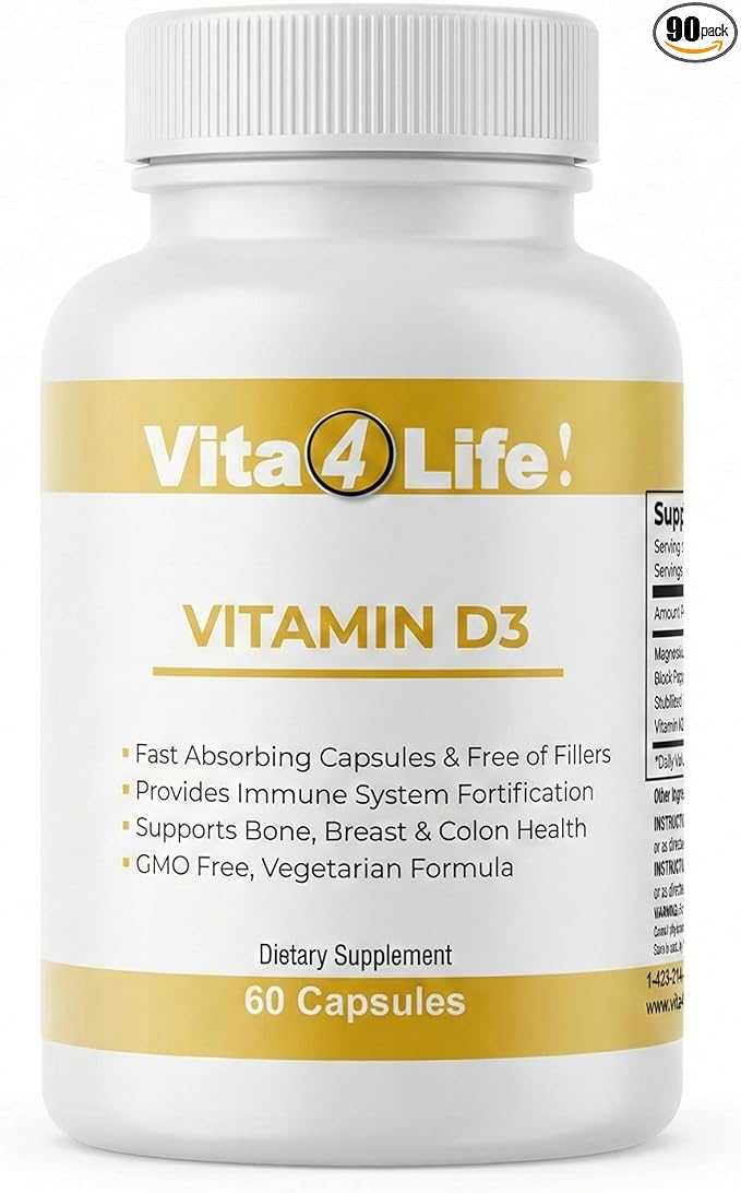 Vita4Life!® Vitamin D3 with K2 &amp Magnesium | High Absorption Immune &amp Bone Support | Non-GMO Vegetarian | 60 Capsules | Post Bariatric Friendly Supplement