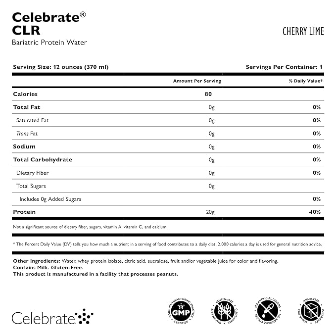 Celebrate Vitamins CLR Whey Isolate Protein Water Cherry Lime – 20g Ready-to-Drink Protein for Post-Bariatric Surgery Patients – Gluten-Free Sugar-Free Hydrating Refreshing Protein Beverage 12 Pack
