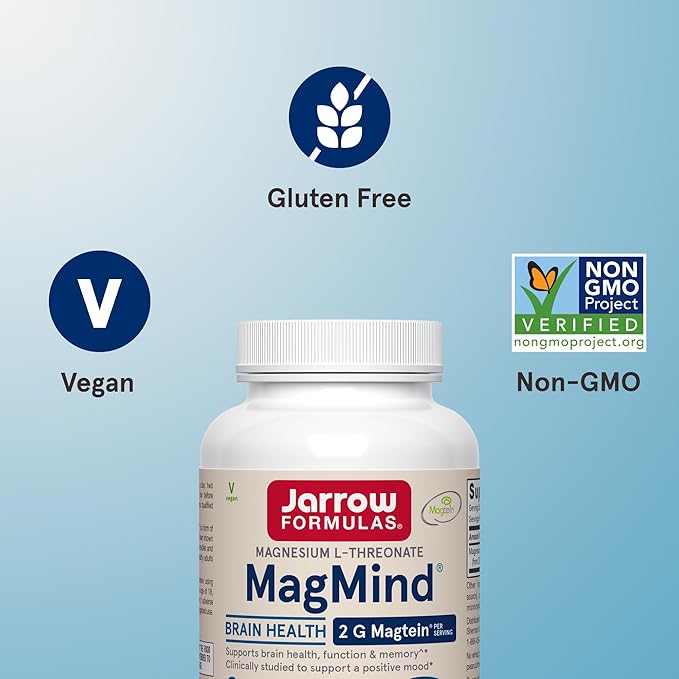 Jarrow Formulas Magnesium L-Threonate MagMind Magtein Magnesium Supplement Brain Supplements for Memory Support 90 Veggie Capsules Up to a 30 Day Supply