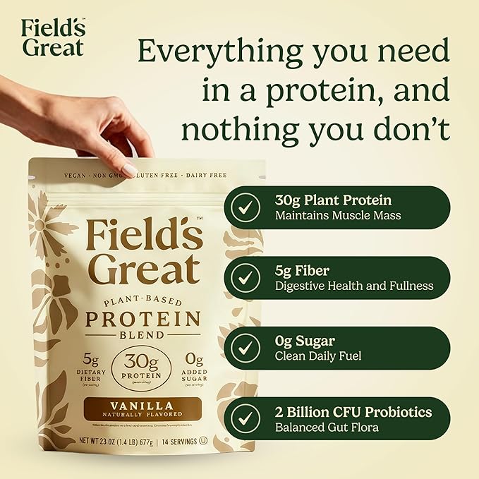 Field's Great All-in-One Plant-Based Vanilla Protein Shake Powder – Healthy Aging 30g Protein 5g Fiber + Probiotics Gut-Friendly Blood Sugar &amp Muscle Support Vegan Meal Replacement GLP1 23o