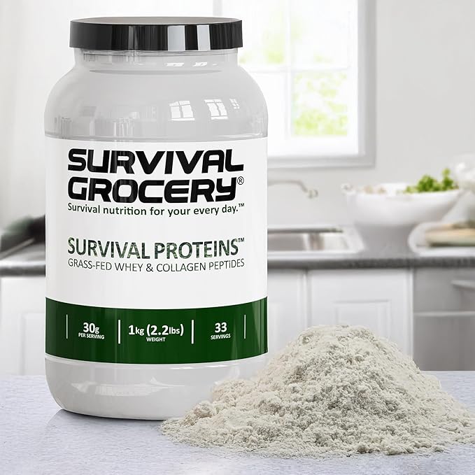 Survival Grocery® - Survival Proteins™ Grass-Fed Whey Protein &amp Grass-Fed Collagen Peptides (Types I &amp III) Unflavored Gluten Free for Hair Nail Skin Bone &amp Joint Health (2 kg./ 2 Ju