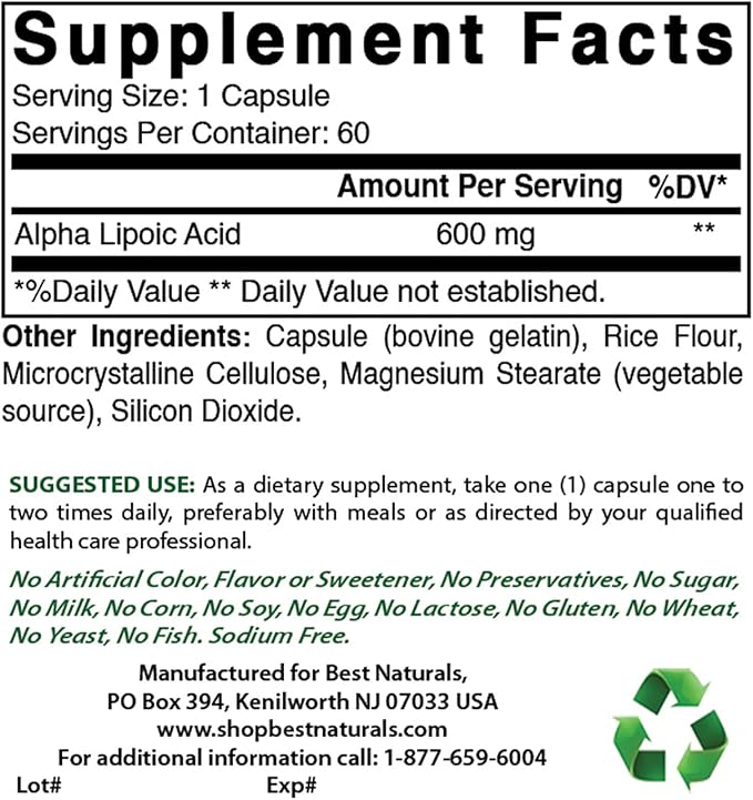 Best Naturals Alpha Lipoic Acid 600 mg &amp Quercetin with Bromelain