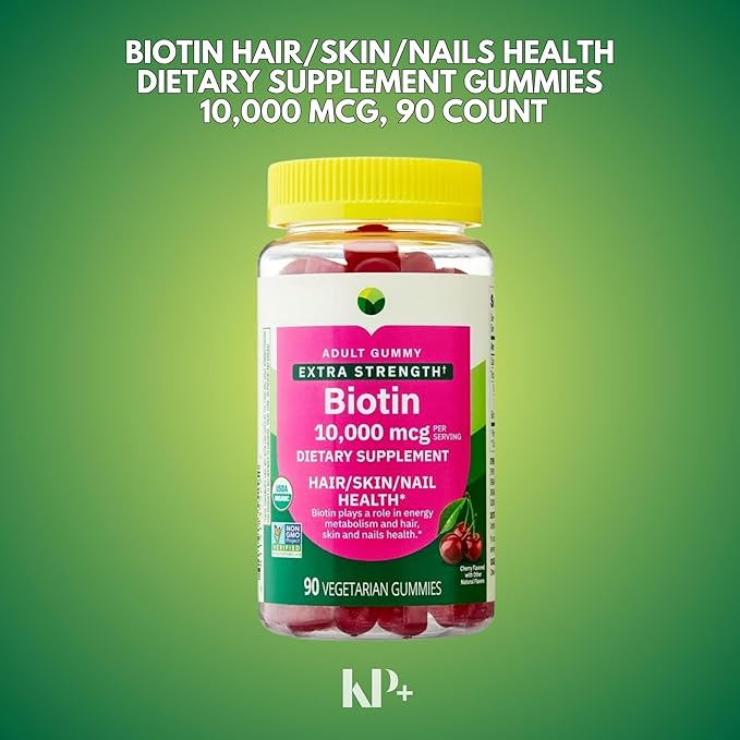 KP+ Biotin | Biotin10000 mcg Gummies Extra Strength | Supports Hair Skin &amp Nail Health | 90 Vegetarian Gummies | Cherry Flavor | Pack of 2