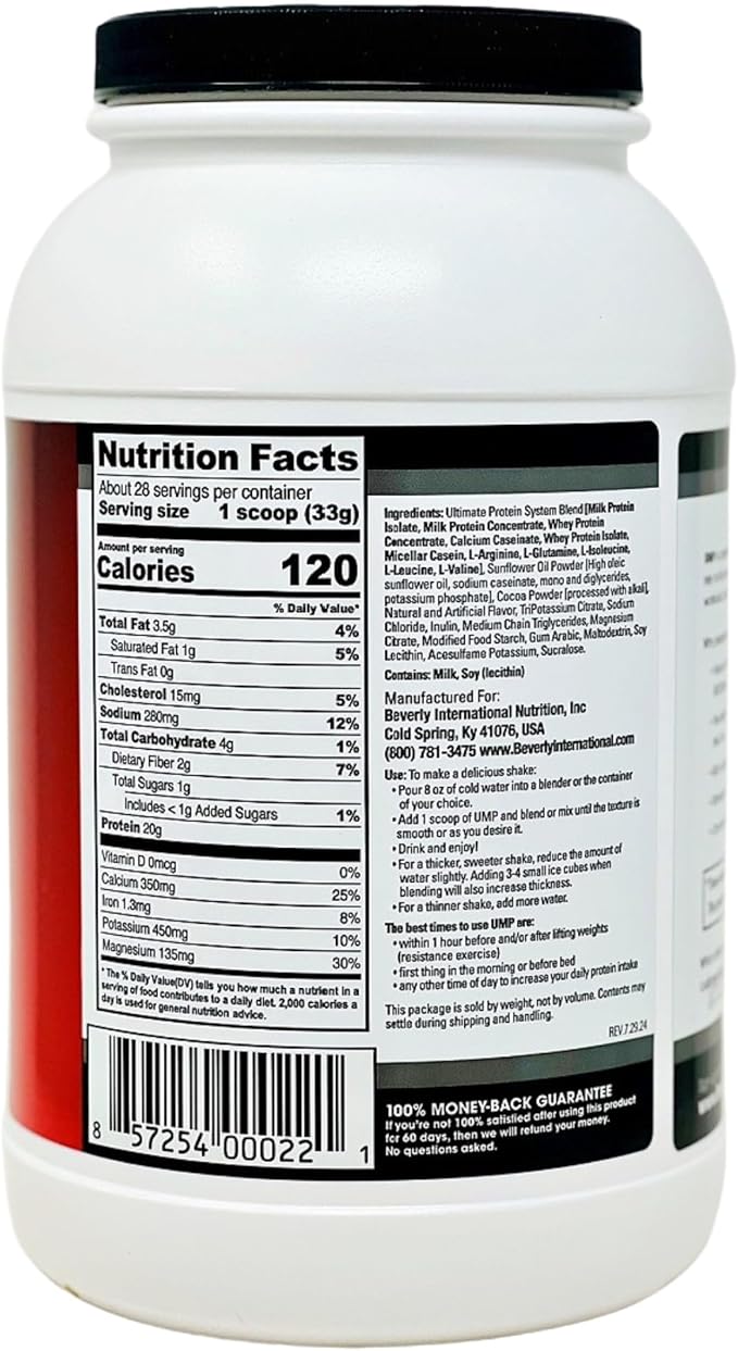 Beverly International UMP Protein Powder Chocolate. Unique Whey-Casein Ratio Builds Lean Muscle. Easy to Digest. No Bloat. (32.8 oz) 2lb .8 oz