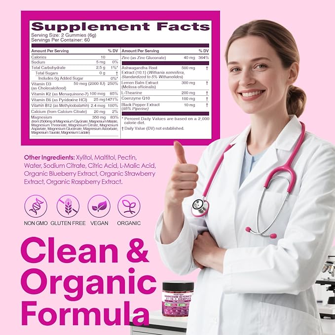 21 in 1 Magnesium Glycinate Gummy for Women with D3 K2 B6 B12 L-Theanine &amp Ashwagandha 2500mg Magnesium Complex Sleep Support Vegan Non-GMOThird-Party Tested (60-Day Supply)