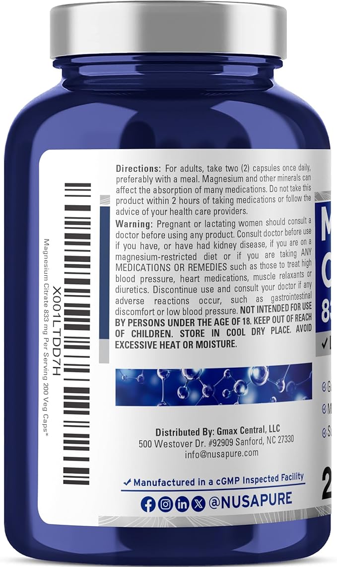 NusaPure Magnesium Citrate 833mg - 200 Veggie Capsules (Vegetarian Non-GMO Vegan)