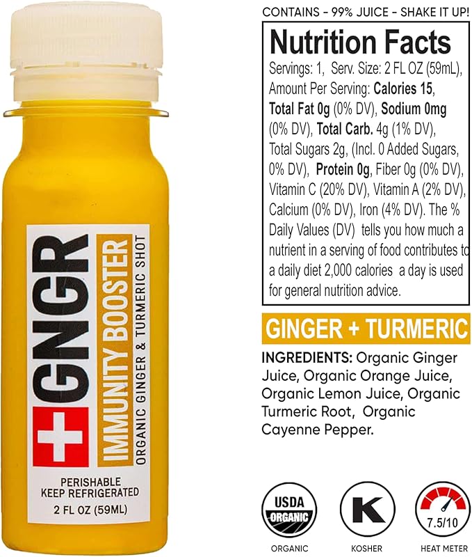 +GNGR Immunity Booster – Organic Cold-Pressed Ginger &amp Turmeric Shots with Orange Lemon &amp Cayenne. High-Absorption Curcumin. Ginger Shot for Immune &amp Digestive Support. 2 fl oz Bottles (1