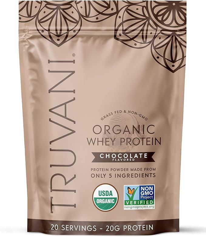 Truvani Organic Whey Protein Powder | Chocolate | 20g Grass Fed Whey Protein | 20 Servings | USDA Organic &amp Non-GMO | Gluten Free | No Gums No Soy No Stevia No Added Sugars