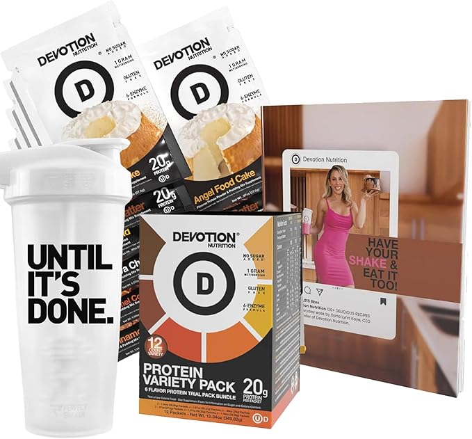 Devotion Nutrition Protein Starter Bundle with Variety Packets Shaker Bottle and Cookbook - 6 Flavors 12 Single Serve Packets