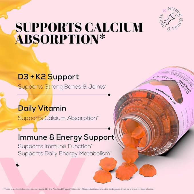 Wondermoon Vitamin D3 K2 Gummies for Women with Calcium &amp Magnesium – Supports Bone Teeth &amp Muscle Function – Daily Wellness Support – Orange Flavor 60 Count