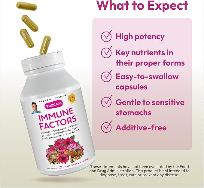 ANDREW LESSMAN Immune Factors 60 Capsules - Echinacea Goldenseal Vitamin C Astragalus Berberine Mushroom Blend Black Currant. Supports and Promotes Immune System and Natural Defenses
