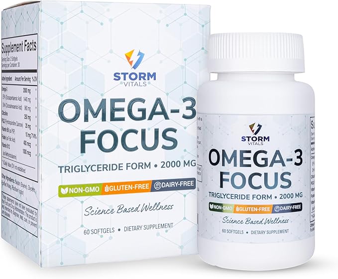 Omega-3 Focus 2000mg with Nootropic Formula – Citicoline DHA EPA B12 PQQ Folate &amp P5P – Triglyceride Form Omega 3 – 60 Softgels (60 Count (Pack of 1))