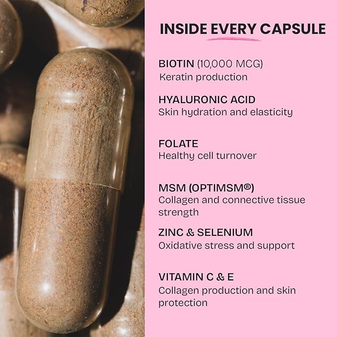 GOBIOTIX Hair Skin and Nails Vitamin Supplement - 10000mcg Biotin Pills with Hyaluronic Acid Folate Iron Magnesium and Zinc - Collagen Production Hair Growth - 60 Servings