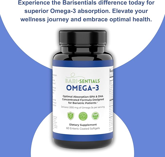 R-Kane Nutritionals Barisentials Omega-3 Supplement - 1930mg EPA &amp DHA Per Serving- Designed for Bariatric Patients- High Absorption MAG-03 Technology - 60 Coated Softgels (1-Month Supply)