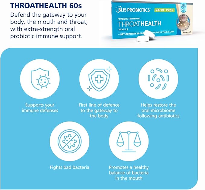 BLIS ThroatHealth Oral Probiotics K12 - Immune &amp Throat Support Vanilla - 60 Lozenges 2.5 Billion CFU