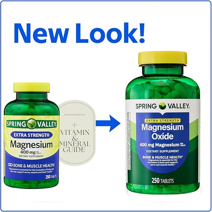 250 Count SPR -ing Valle Extra Strength Magnesium Oxide 400 mg – Over 8 Months of Supply (250 Days) + Vitamin Guide Included Muscle &amp Bone Health