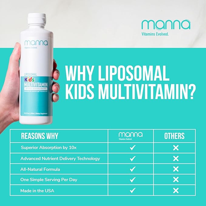 Manna Vitamins Evolved Liposomal Kids Multivitamin - Vitamin D3 &amp Vitamin A - Vitamin B12 &amp Vitamin C Supplement - Children's Liquid Multivitamin - Immune Support Supplement for Children