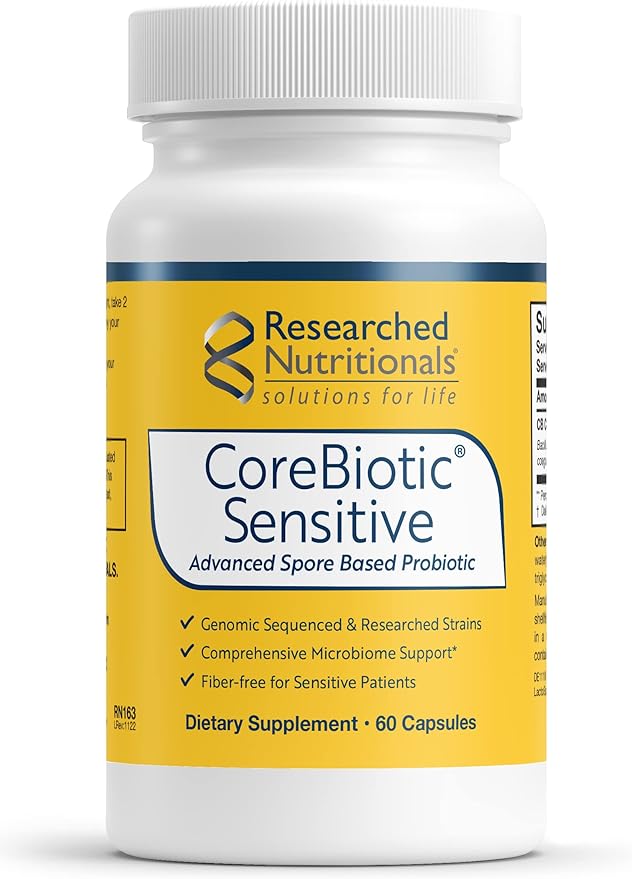 Researched Nutritionals CoreBiotic Sensitive - Vegan Probiotics for Low FODMAP Diet - Spore Based Probiotic Supplement to Support Microbiome &amp Gut Health - Researched Strains (60 Capsules)