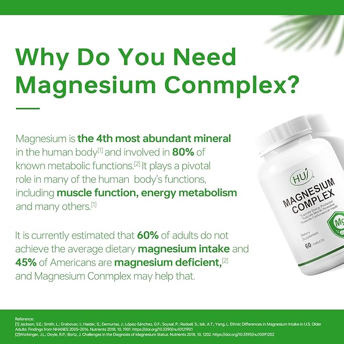 HUJ Magnesium Complex Supplement - Five Types of Magnesium - Supports Energy Production Muscle Relaxation &amp Cardiovascular Health* - 60 Tablets.