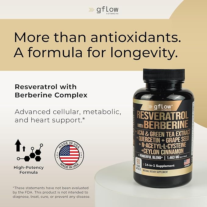 Resveratrol Supplement with Berberine Green Tea Extract Ceylon Cinnamon Grape Seed &amp Quercetin1000mg Quercetin N Acetyl cysteine Acai | 100% Natural Max Strength | Made in USA