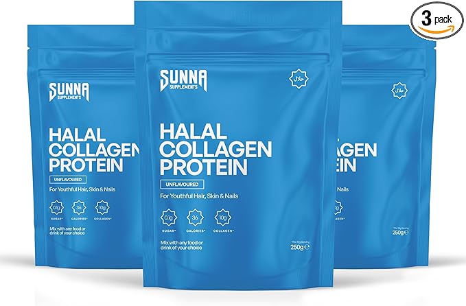 SUNNA SUPPLEMENTS Grass-Fed Halal Collagen Powder Pack of 3 - Type I &amp III Hydrolyzed Bovine Peptides for Joint Skin Hair &amp Nail Support Gluten-Free Keto &amp Paleo Friendly - Unflavored