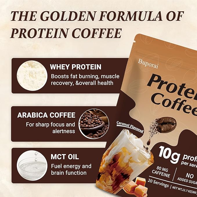 Protein Coffee Powder - Caramel Protein Iced Coffee 0g Sugar Keto Friendly 80 mg Caffeine Per Serving - 20 Servings