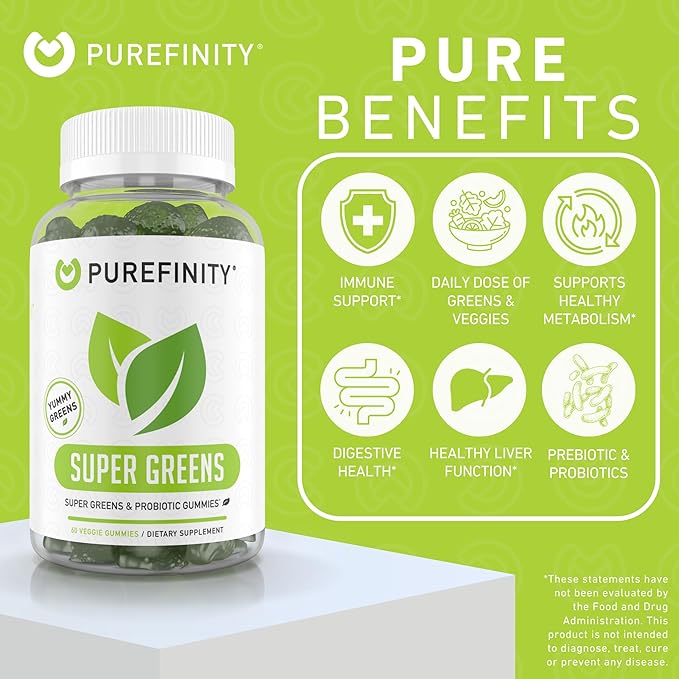 PUREFINITY Fiber + Super Greens Gummies Bundle (Inulin FOS Prebiotic Fiber Gummies + Super Greens Gummies – Daily Supergreens with Spirulina Alfalfa Spinach Broccoli Beet Root Acai)
