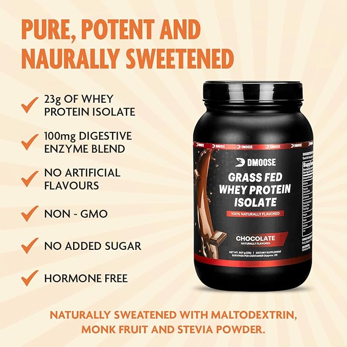 DMoose Grass Fed Whey Protein Powder - for Muscle Growth &amp Recovery Naturally Sweetened &amp Flavored Rich in Amino Acids Fast Absorbing Performance Formula (2 Lbs Chocolate)