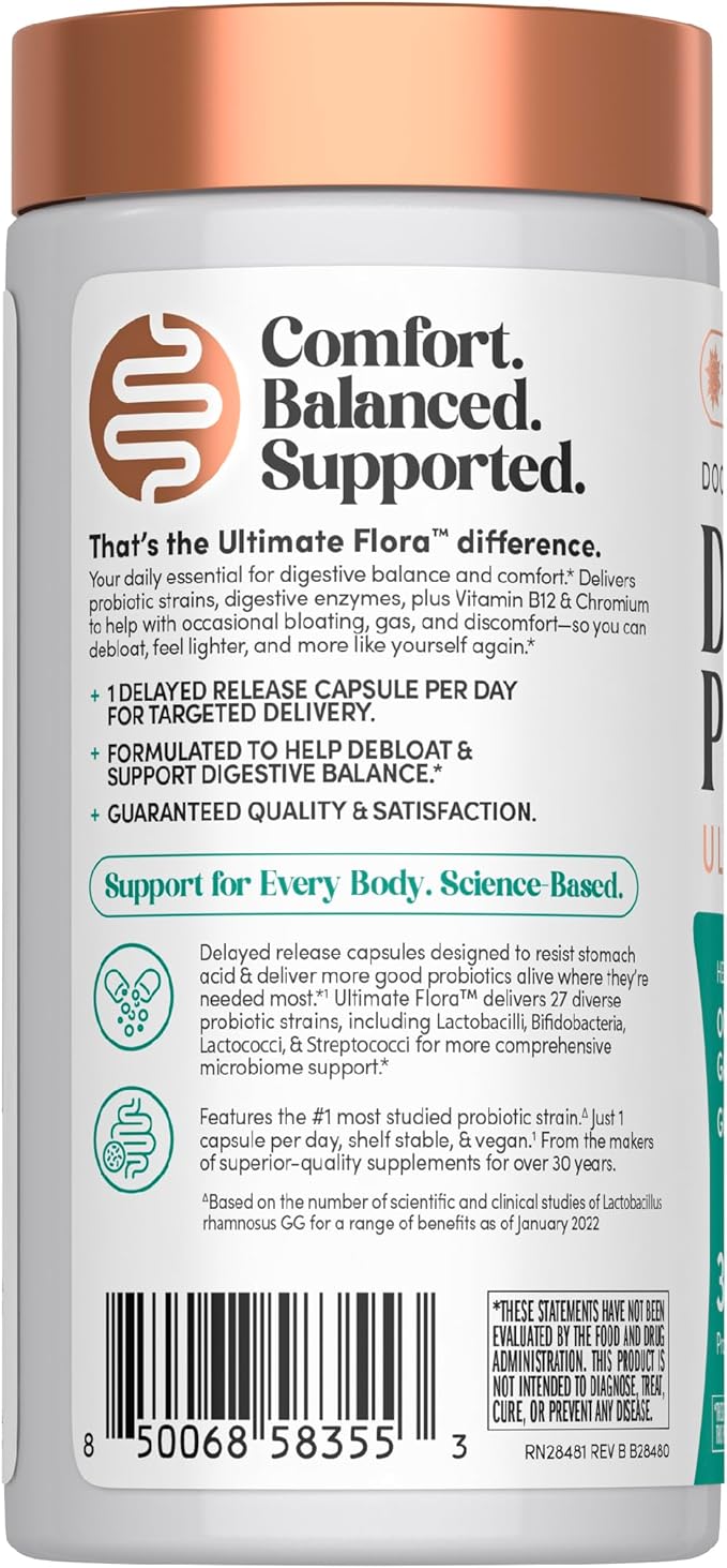 Renew Life Ultimate Flora Debloat Probiotic | 30 Delayed Release Vegan Capsules | with Potent Digestive Enzymes B12 &amp Chromium | Free of Gluten Dairy and Soy