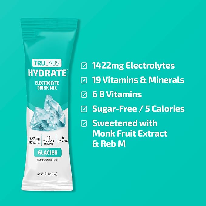 TRULABS Hydrate - Glacier. Sugar Free Electrolytes Hydration Packets. Each Serving Contains 1422 mg of Electrolytes &amp19 Vitamins &amp Minerals (16 ct)
