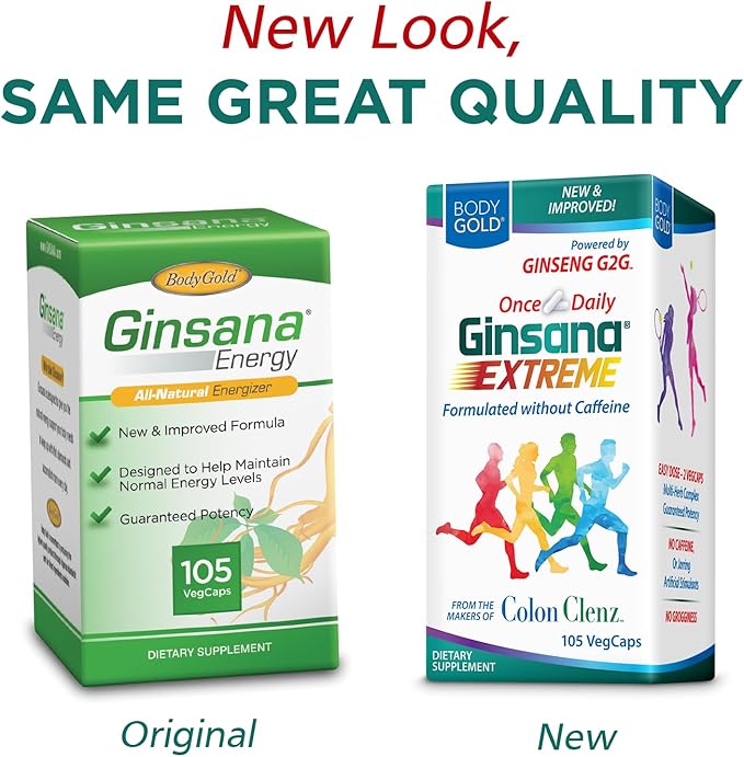 Body Gold Ginsana Energy | Panax Ginseng Extract w/Energizing Herbal Blend for Focus &amp Endurance | Schizandra Berry Eleuthero Root and Decaffeinated Green Tea Leaf Extract | 52 Serv | 105 VegCap