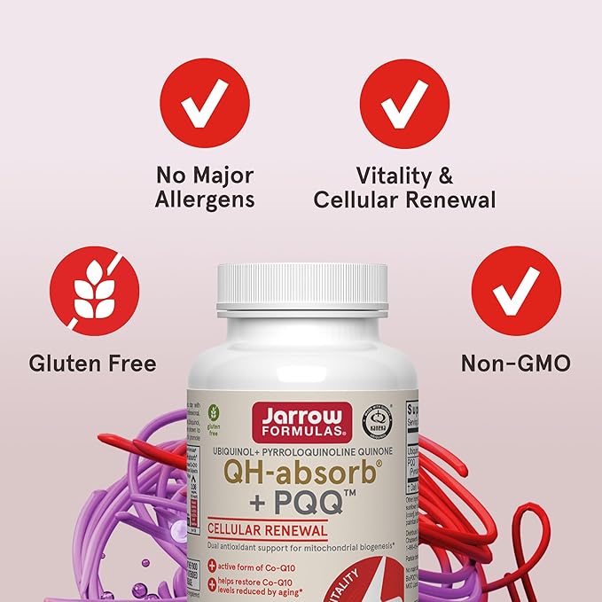 Jarrow Formulas® QH-Absorb® + PQQ Dietary Supplement Antioxidant Support for Mitochondrial Biogenesis Cellular Energy Production and Cardiovascular Health 60 Softgels 60 Day Supply