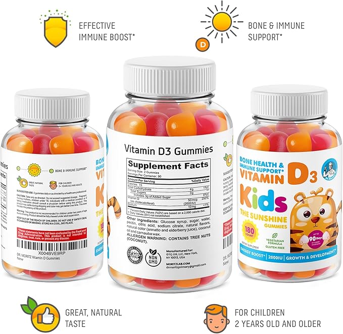 DR. MORITZ Vitamin D Gummies for Kids and Adults (2000 IU) - Chewable Kids Vitamin D Supplement for Immune Support - Vegetarian and Gelatin-Free (180 Count)