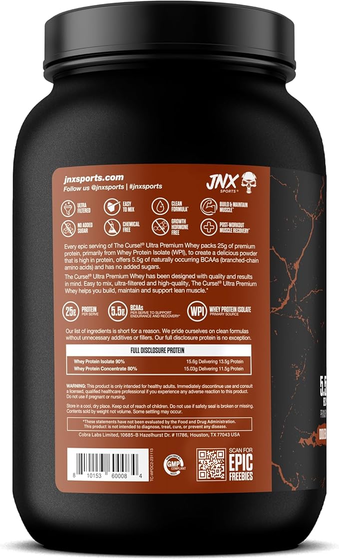 JNX SPORTS The Curse! Ultra Premium Whey Protein Powder Double Chocolate 2lb | 25g Protein Per Serve Primary Source Whey Isolate