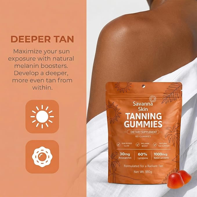 Savanna Skin Tanning Gummies with Vitamin C &amp E Astaxanthin Beta Carotene Skin Radiance &amp Hydration for Natural Looking Glow Bronzing Non-GMO Vegan &amp Sugar Free - 60 Count (1)
