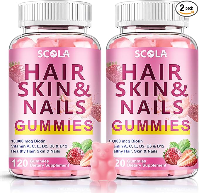 SCOLA Hair Skin and Nails Gummies Biotin (10000mcg) Hair Skin and Nails Vitamins Supplement for Women Men Supports Faster Hair Growth Stronger Nails Healthy Skin 240 Count