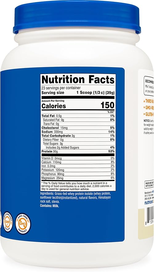 Nutricost Grass-Fed Whey Protein Isolate (Vanilla) 2LBS - Non-GMO Gluten Free Natural Flavors