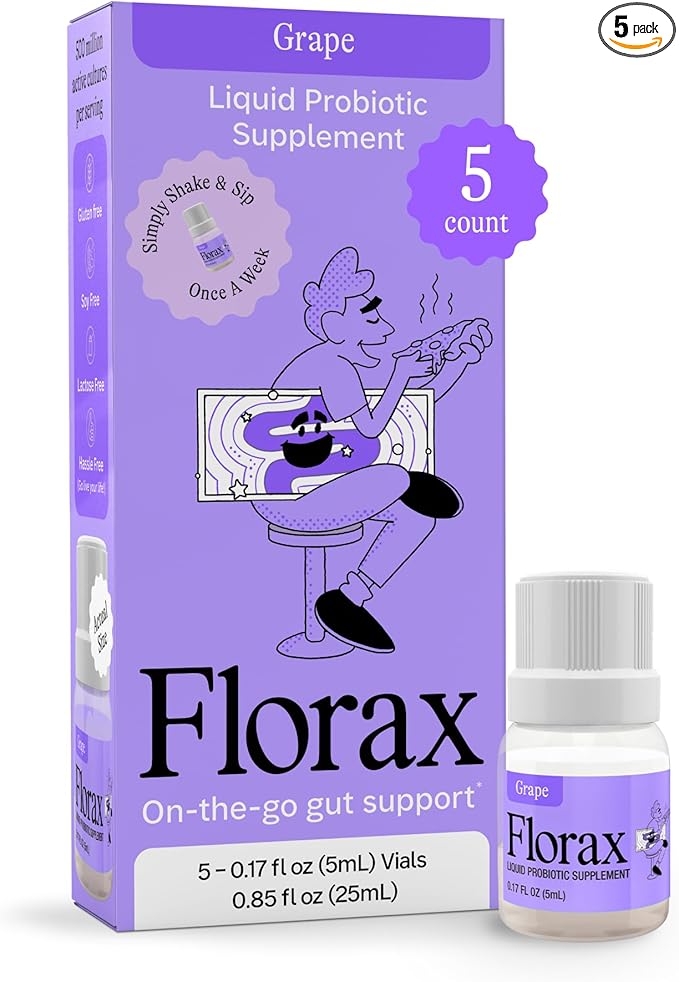 Florax - Liquid Probiotic - On-The-go Gut Support for Women Men and Children - Vegan Gluten Free Lactose Free Soy Free and Preservative Free - Grape Flavor - 5 Vials