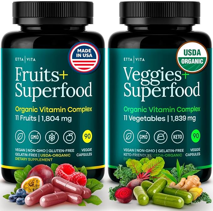 100% Organic Fruits and Veggies Supplement (USDA Organic - Made in USA) 180 Potent Fruits and Vegetable Capsules for Energy Boost &amp Daily Fruit and Vegetable Vitamins - Vegan Non-GMO Gluten-Free