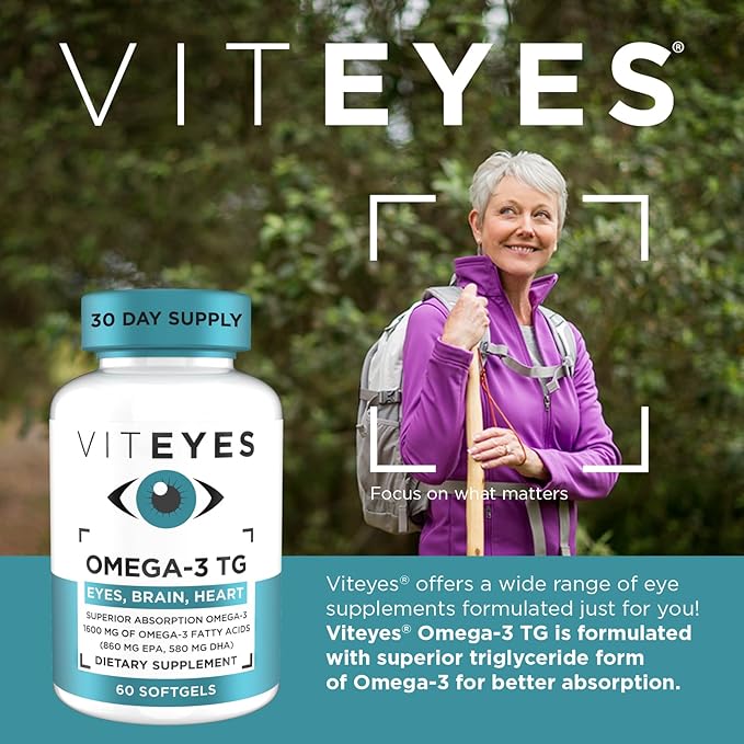 Viteyes Omega-3 TG Supports Eye &amp Heart Health Natural Triglyceride Fish Oil Formula Clear 60 Count
