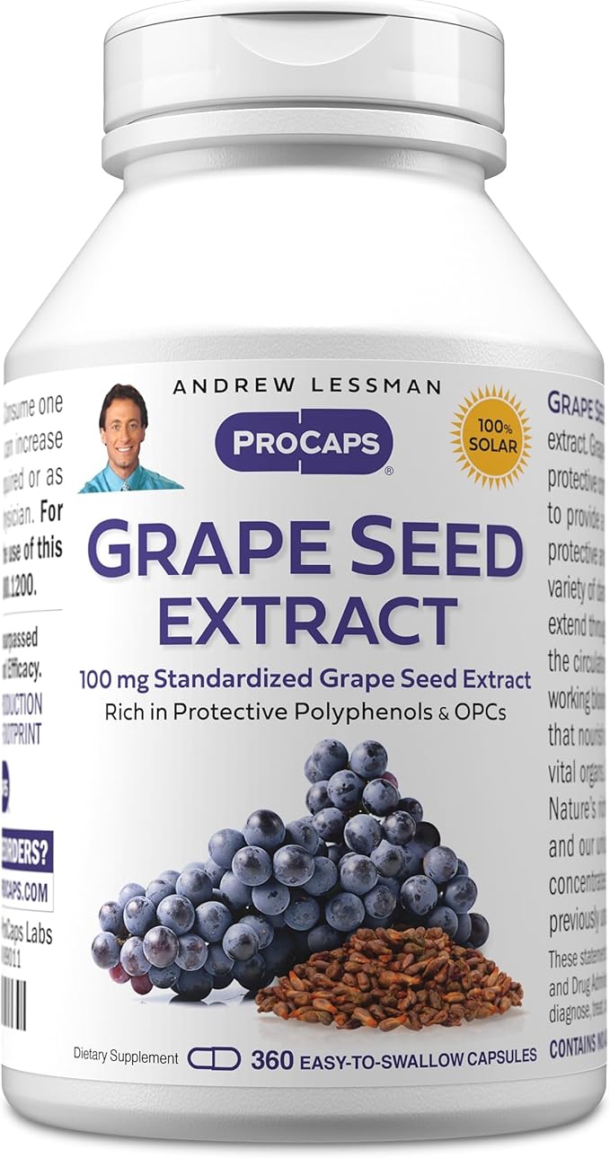 ANDREW LESSMAN Grape Seed Extract 360 Capsules - 100 mg Standardized Extract Anti-oxidant Neutralizes Damaging Free Radicals Supports Healthy Circulation. Rich in Protective Polyphenols
