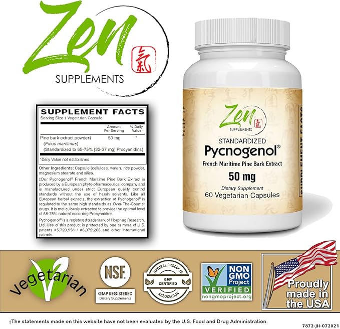 Zen Supplements Pycnogenol 50mg - Standardized French Maritime Pine Bark Extract for Antioxidant &amp Inflammation Support - Non-GMO Gluten &amp Soy Free 60-Vegcaps