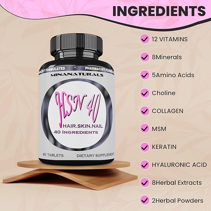 HSN 40 Hair Skin and Nails Growth Vitamins for Women. Biotin 10000 mcg Keratin Collagen for Thicker Stronger Hair. Tight Smooth and Soft Skin. Healthy Nails.