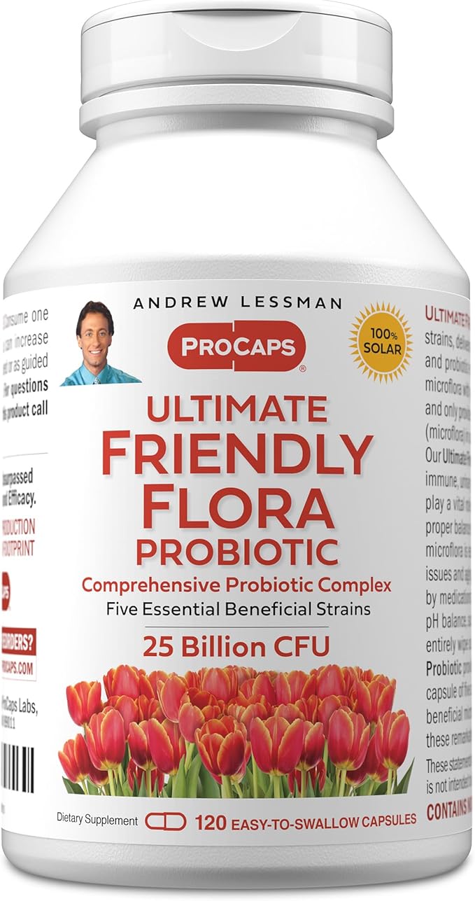 ANDREW LESSMAN Ultimate Friendly Flora Probiotic 120 Capsules - 25 Billion CFU Comprehensive Blend of Five Probiotic Strains Powerful Immune and Digestive Support. Probiotics for Women or Men