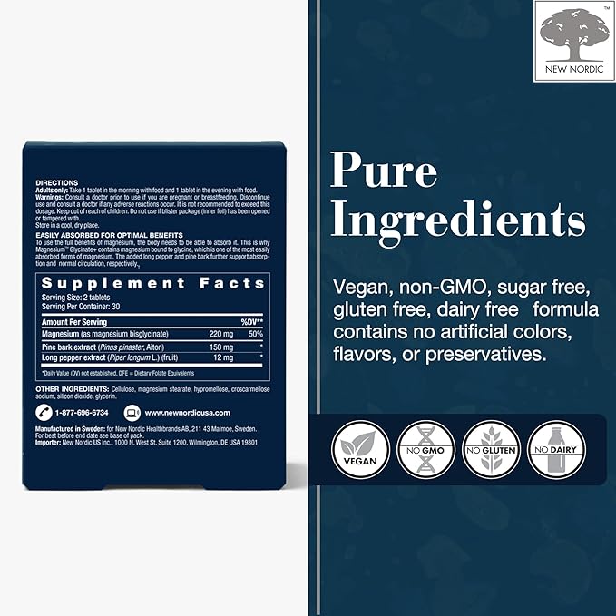 New Nordic Magnesium Glycinate 220 mg Maximum Absorption Tablets with Pine Bark &amp Long Pepper Gentle on Stomach for Women &amp Men 30 Servings