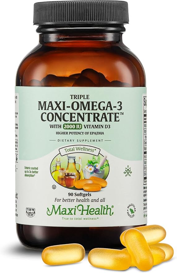 Maxi Health Omega 3 Supplement - Omega-3 Fish Oil Triple Concentrate w/ Vitamin D3 - Potent Source of EPA / DHA Fatty Acids - Heart Brain Joint Health - Kosher Wild Caught Marine Fish - 90 Softgels