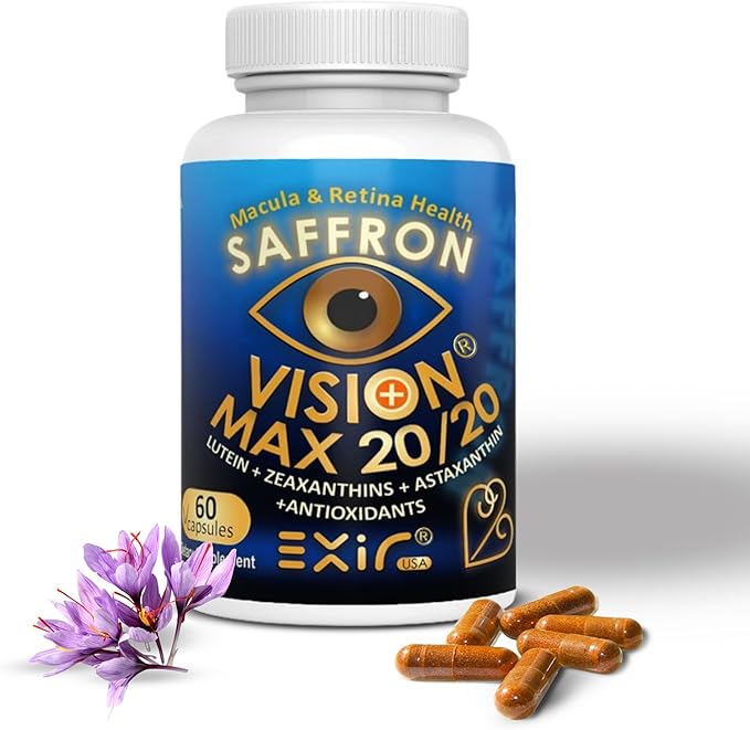 EXIR Eye Vitamin Supplement | Saffron Curcumin Astazanthin - Supports Eye Health Visual Comfort &amp Focus VM20-60 Capsules