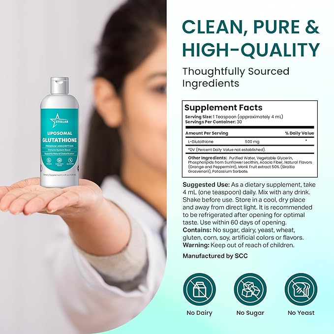 Stellar Liposomal Glutathione Liquid – Premium Absorption Antioxidant for Detox Immune Support &amp Cellular Health – Non-GMO Gluten-Free Third-Party Tested – 4 fl oz (120 mL)