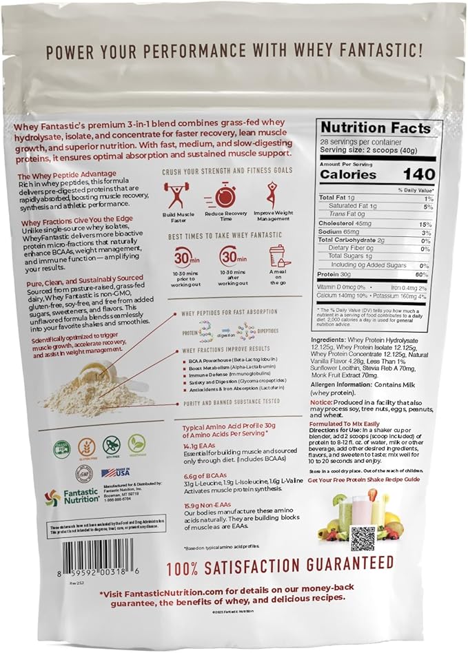 3-in-1 Vanilla Whey Protein Powder 2.2lb – 30g Grass-Fed Whey Protein from Hydrolysate Isolate &amp Concentrate – Naturally Flavored Non-GMO Soy-Free – 28 Servings