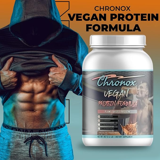 Chronox Vegan Protein Powder-Chocolate Flavor Plant-Based Protein Formula for Muscle Support &amp Recovery Smooth Mixing Pre &amp Post Workout Nutrition 2 LB